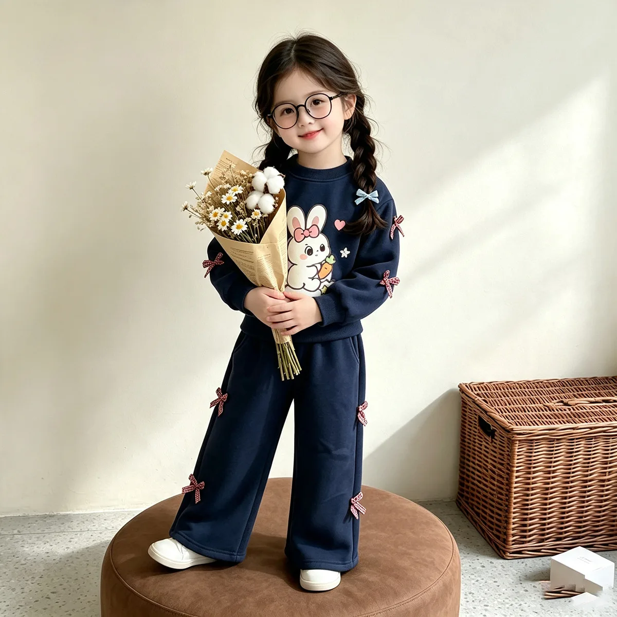Mädchen Cartoon-Häschen-Sweatshirt & Weitbein-Hosen-Set – 2-teiliges Outfit im koreanischen Stil für ältere Kinder, Frühling Herbst Casual – Detail 1
