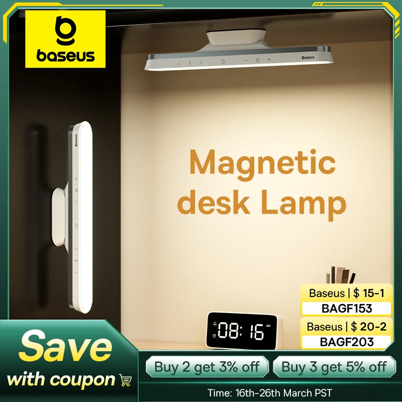 Lámpara de escritorio Baseus, luz colgante magnética, lámpara de mesa LED, recargable, atenuación continua, luz nocturna para armario, lámpara de armario