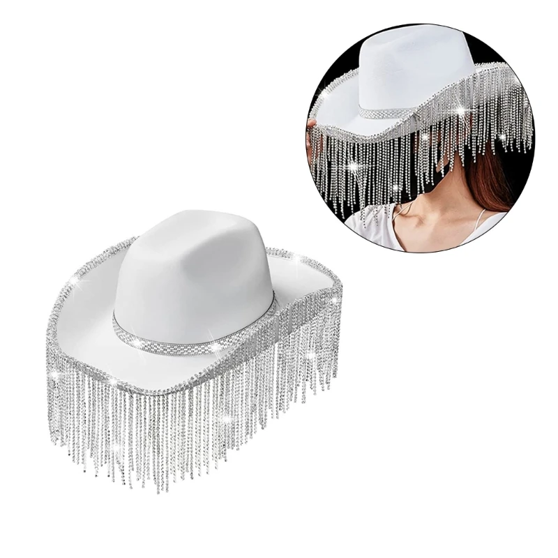 Cappello da Cowgirl per cappello da Cowboy per adulti con strass cappelli da Rave con frange adatti alla maggior parte delle donne per la festa a