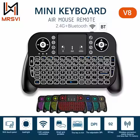 MRSVI V8 7-Color Backlit Mini Keyboard with Touchpad, 2.4G/Bluetooth Air Mouse Remote for Android TV Box, Smart TV, HTPC, and PC