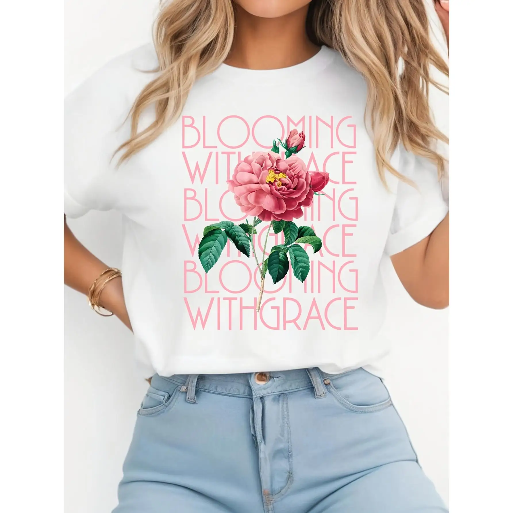 

Elegant "Blooming with Grace" Floral Graphic Tee for Women - Casual Fit, Short Sleeve, Round Neck, Breathable Polyester