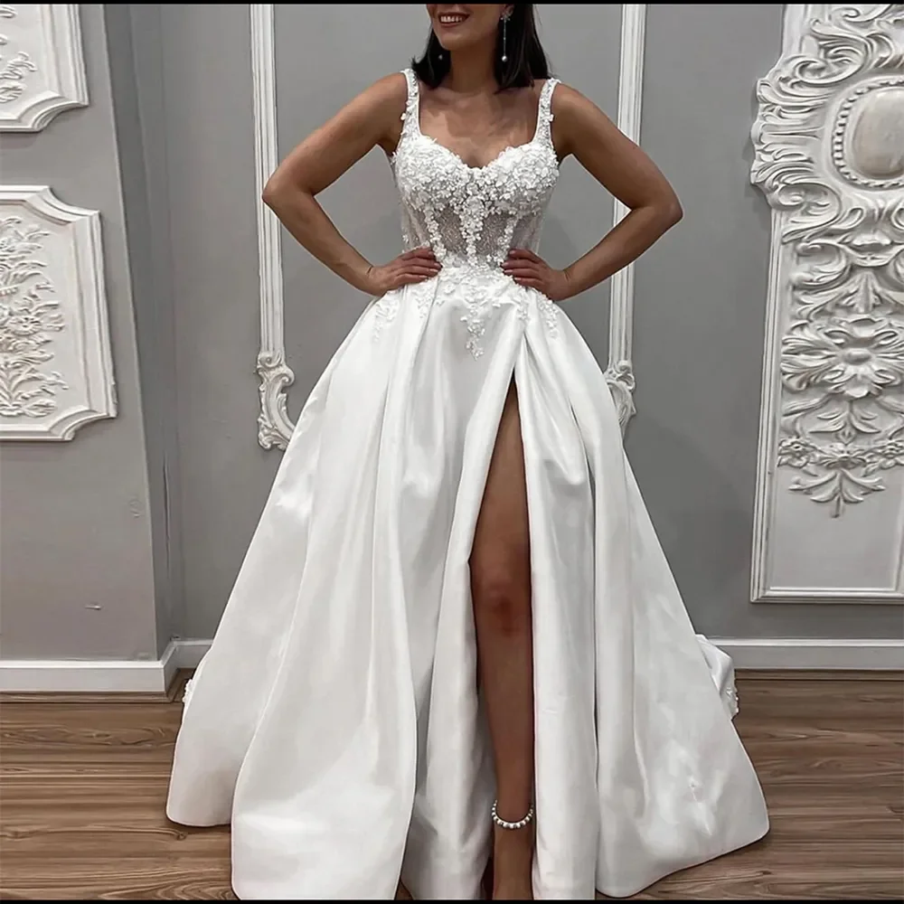 Customized Spaghetti Straps Satin Wedding Dresses For Women V-Neck Appliques Slit Backless Sleeveless Bridal vestidos de novia