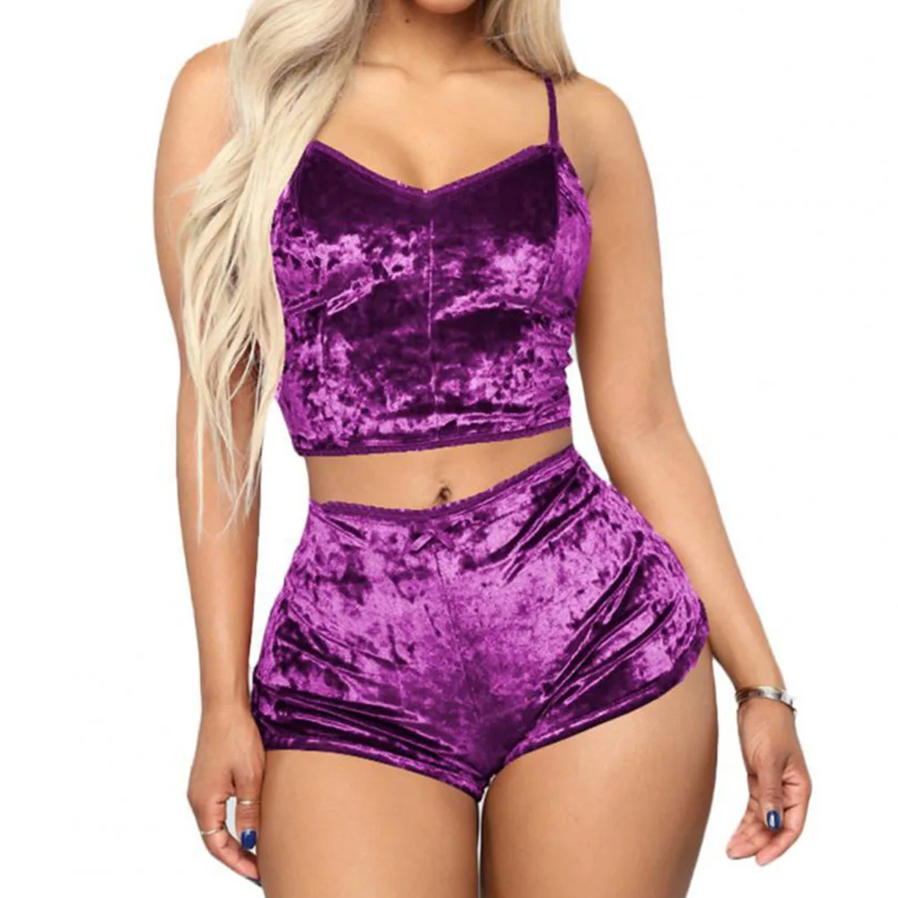 Women Sexy Pajama Set Solid Color V-neck Sleeveless Sexy Underwear Woman Solid Comfortable 2 Piece Lingerie Sleepwear Fashion image 6
