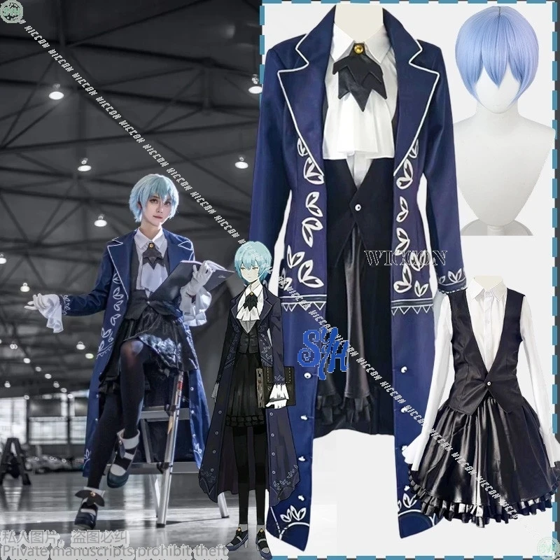 Anime Game Library Of Ruina Cosplay Angela Costume Blue Long Gothic Coat Black PU Short Skirt Jirai Kei Lolita Halloween Party