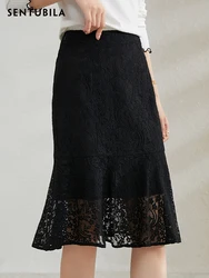 SENTUBILA Trumpet Skirt High Waist 2024 Spring Summer New Fashion Women Clothing Knee-Length Lace Sexy Black Skirt 121Q39904