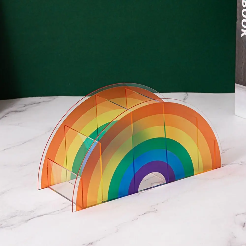 

Acrylic Rainbow Pen Holder Colorful with 5 Grids Makeup Brush Storage Rack Arch Bridge Design Multi Functional