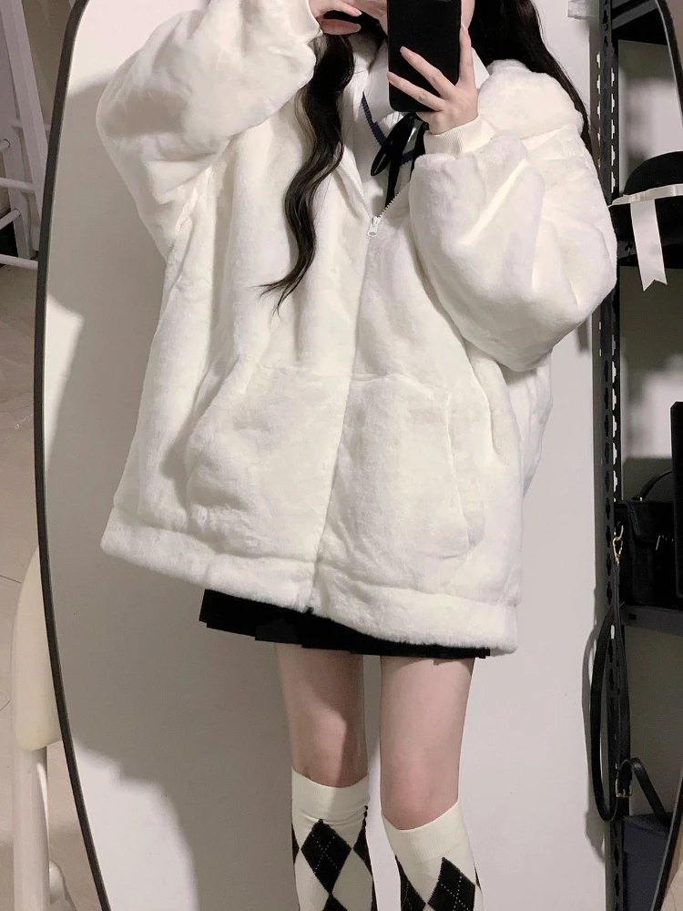 Japanese Style Kawaii Fluffy Coat Y2k Women Aesthetic Fairy Grunge Jacket Warm Outwear Ber Ear Hooded White Jackets Cute Top 90s