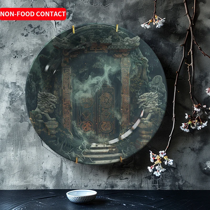 Plato decorativo de dragón chino, diseño tradicional de arquitectura del palacio asiático en azul verdoso, cerámica de contacto sin alimentos, 1 ud.