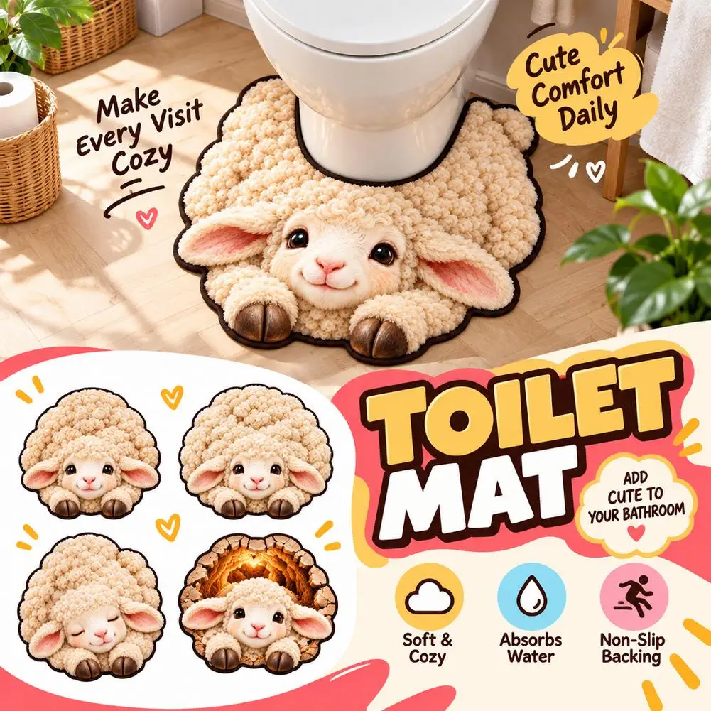 3D Effect Cute Lamb Bathroom Floor Mat U-Shaped Toilet Seat Mat Diatomaceous Earth Absorbent Splash Proof Mat