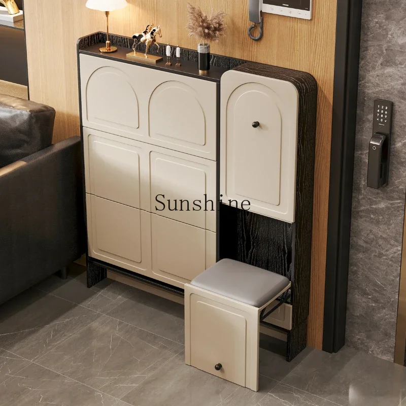 

Italian solid wood ultra-thin shoe cabinet integrated seated tipping bucket entrance cabinet narrow