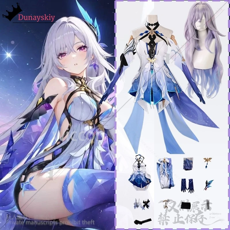 Anime Game Genshin Impact Cosplay Skirk Costume Sexy Halterneck Skirt With Irregular Trailing Violet-blue Lolita Wigs Customized
