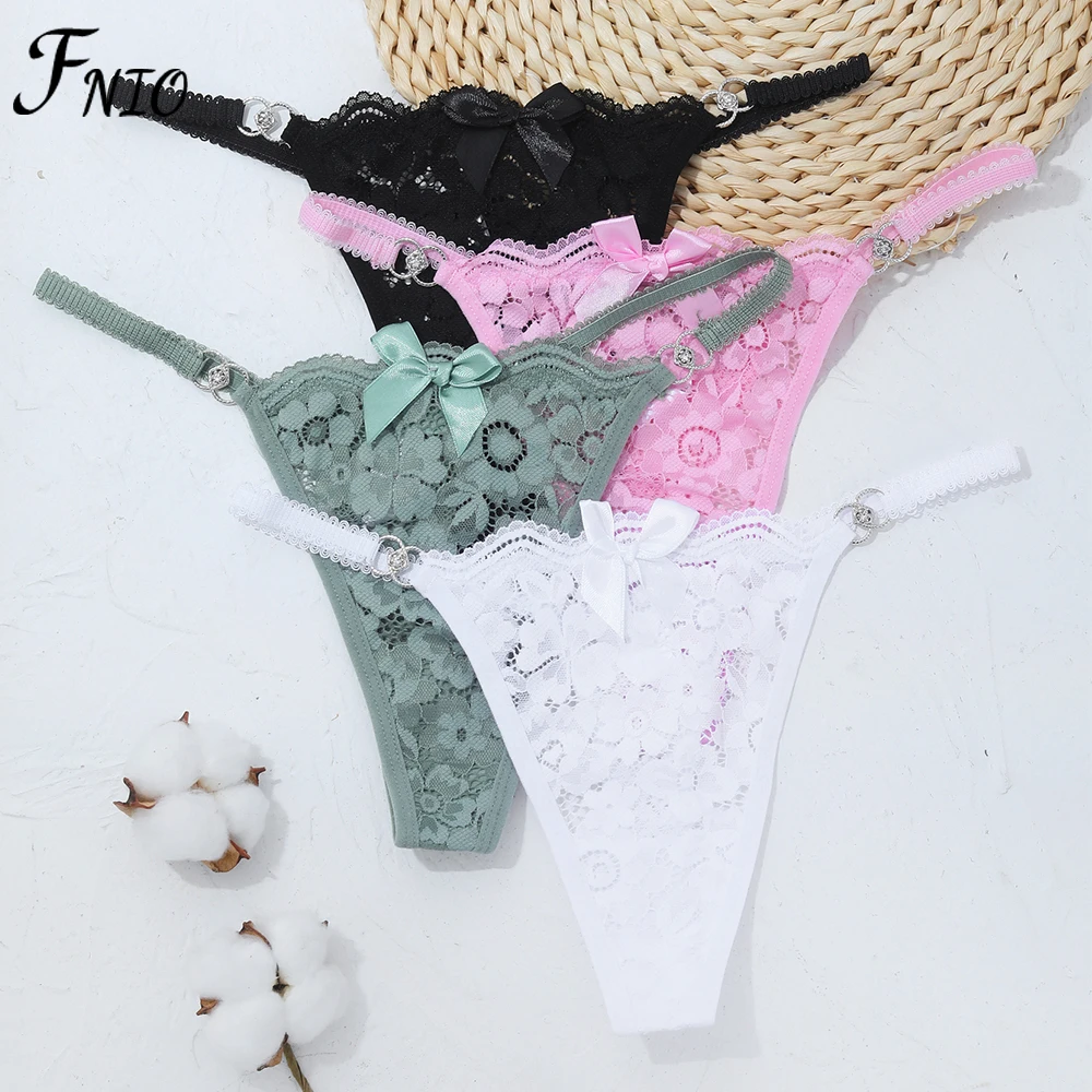 

FNIO 3PCS Women Sexy Low Waist Thongs Panties Female Underwear Bow Lace Transparent G-String Ladies Sensual Lingerie Thong