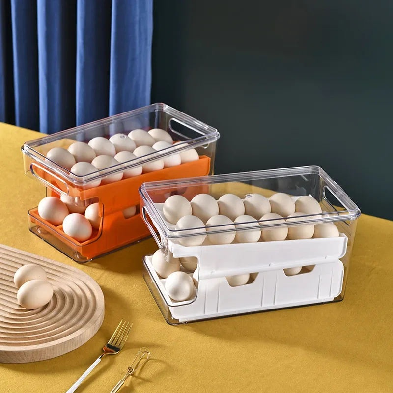 Egg Storage Box Refrigerator Organizer Food Containers Egg Slide Fresh-keeping Case Holder Tray Dispenser Kitchen Storage Boxes