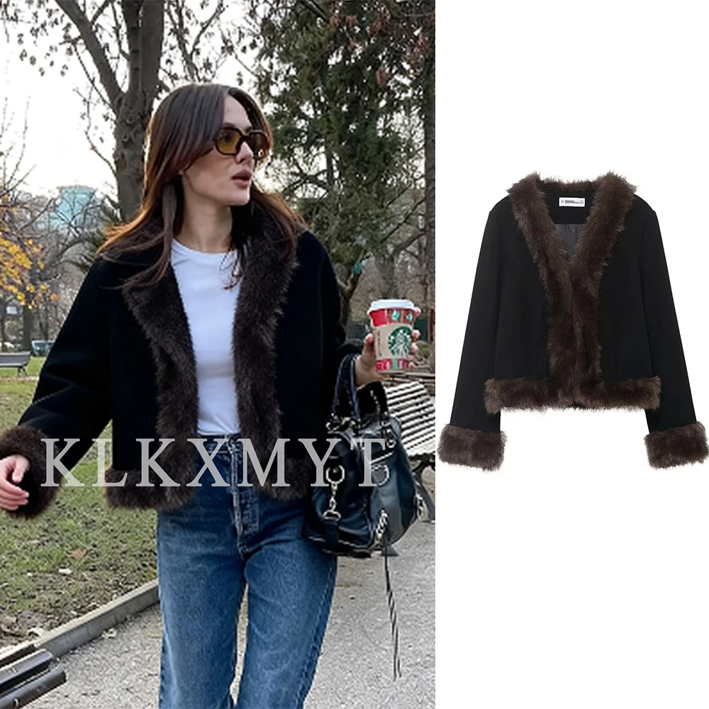 

Women Leisure Jacket 2025 Fall Winter New Solid Color Long Sleeves Fur Collar Coat Female Chic Short Outerwear