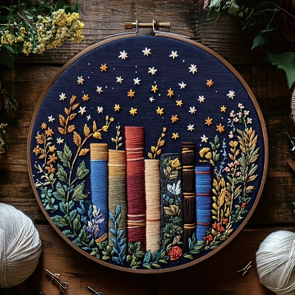 Creative Bookshelf Flower And Plant Book Pattern Series Handmade DIY Embroidery Material Package Set. The Embroidery Set Include