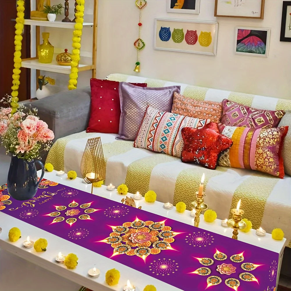 Happy Diwali Festival of Lights Linen Table Runner Holiday Party Decor Reusable Kitchen Dining Table Runner Diwali Decorations