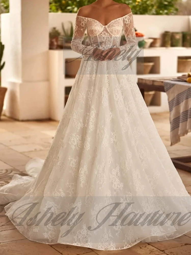 A3212 elegantes vestidos De novia bohemios con encaje De manga larga una línea Croset hasta el suelo Vestido De novia personalizado