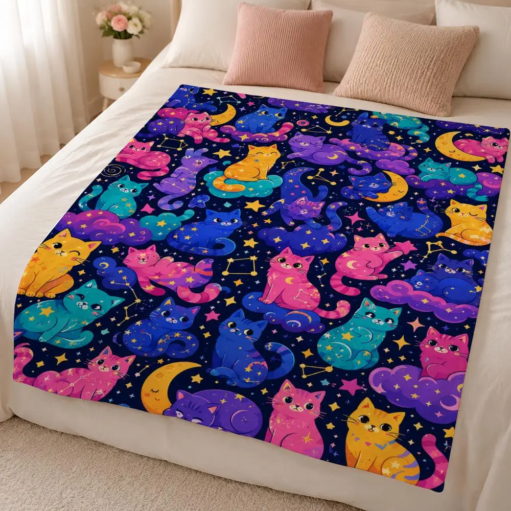 Colorful Galaxy Cat Cosmic Fantasy Gift Throw 320g Soft Flannel Fleece Throw Blanket Cover Sofa Bed Dorm Nap