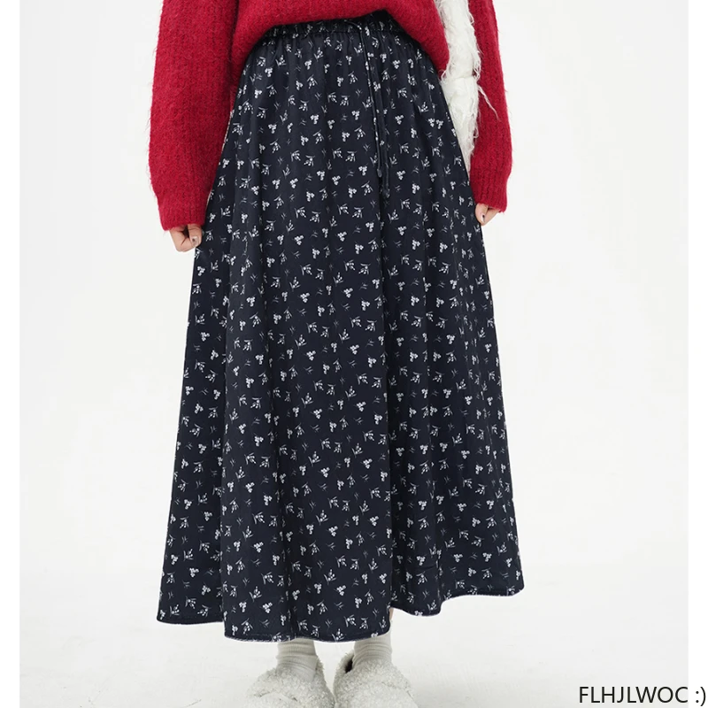 Winter Warm Thick Long Skirts Elastic High Waist Women 2024 New Design Japan Mori Girl Style Flower Retro Vintage Corduroy Skirt