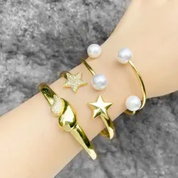 FLOLA Simple White Pearl Cuff Bangles for Women Gold Plated Star Water Drop Bangle Bracelets CZ Jewelry Gifts brtb33
