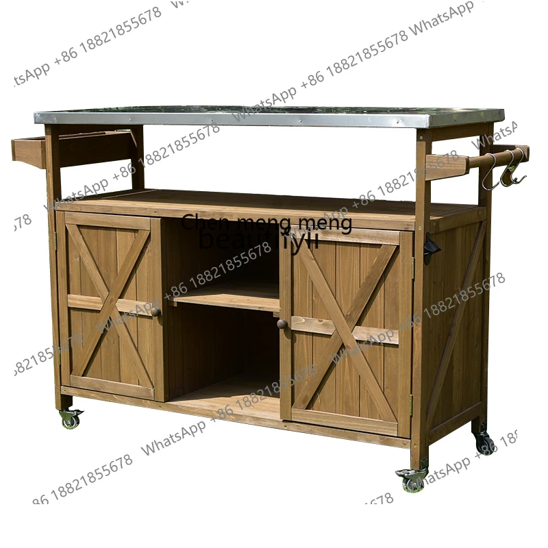 

Solid wood dining car meal preparation storage cabinet storage console finishing pulley movable garden rain sun protection H