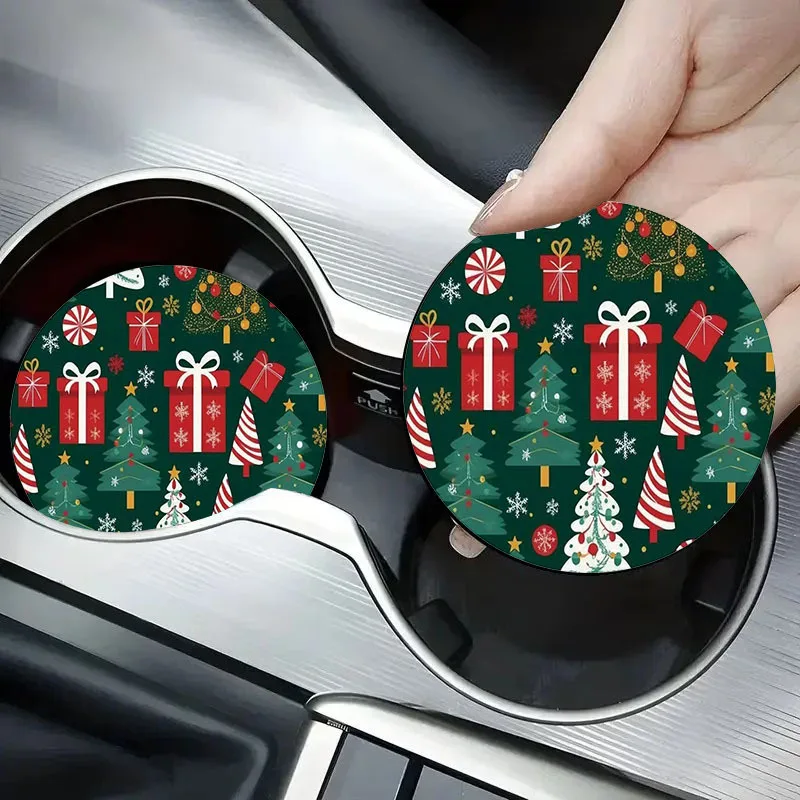 8/4 Piece Set 2D Flat Printed Christmas Tree Forest Christmas Gift Car Coasters Nordic Forest Coasters Non-Slip High-Value Car Coasters Christmas Gifts