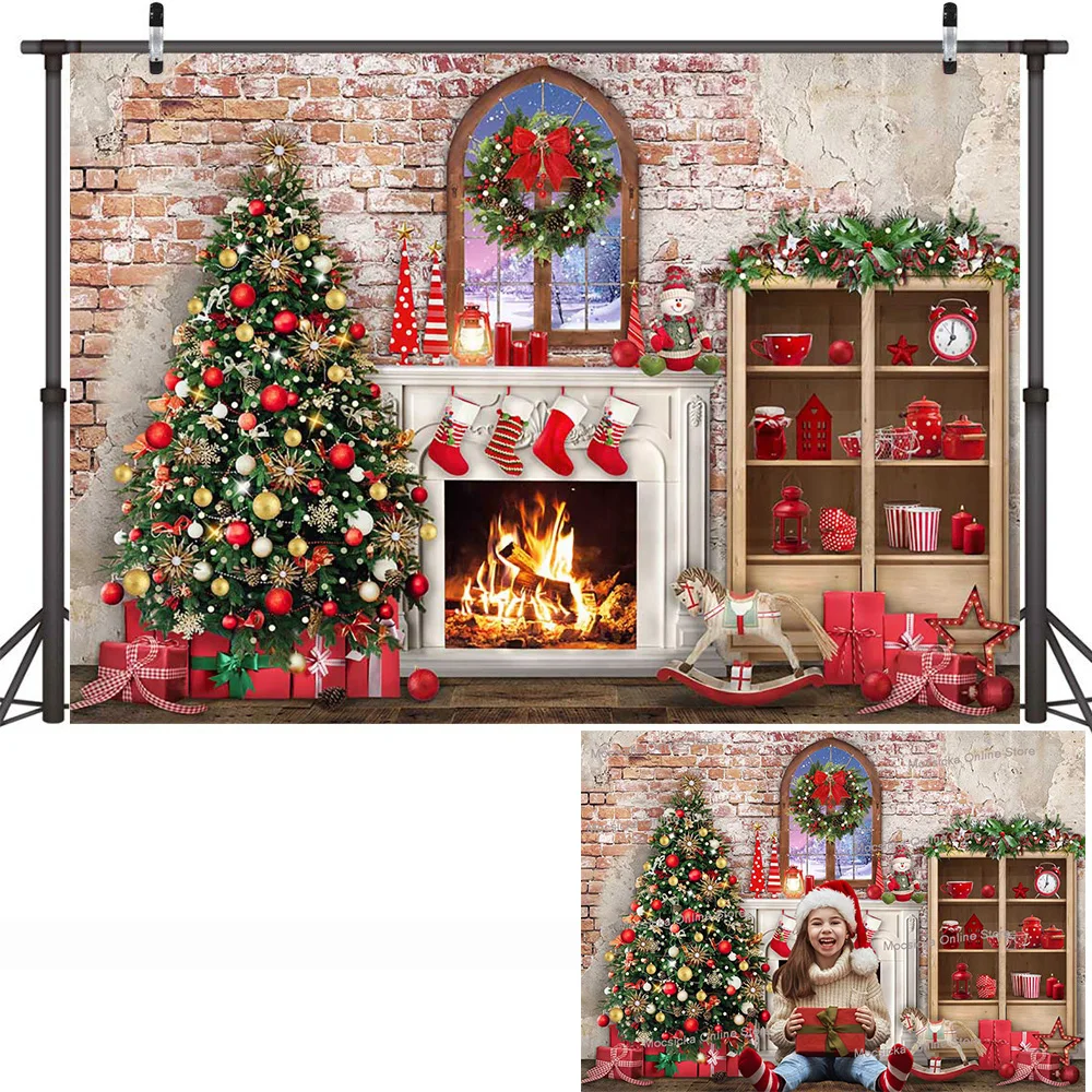 الشتاء عيد الميلاد التصوير خلفية الرجعية الموقد نافذة شجرة عيد الميلاد الخشب الباب هدية خلفية الأسرة صورة استوديو الصور