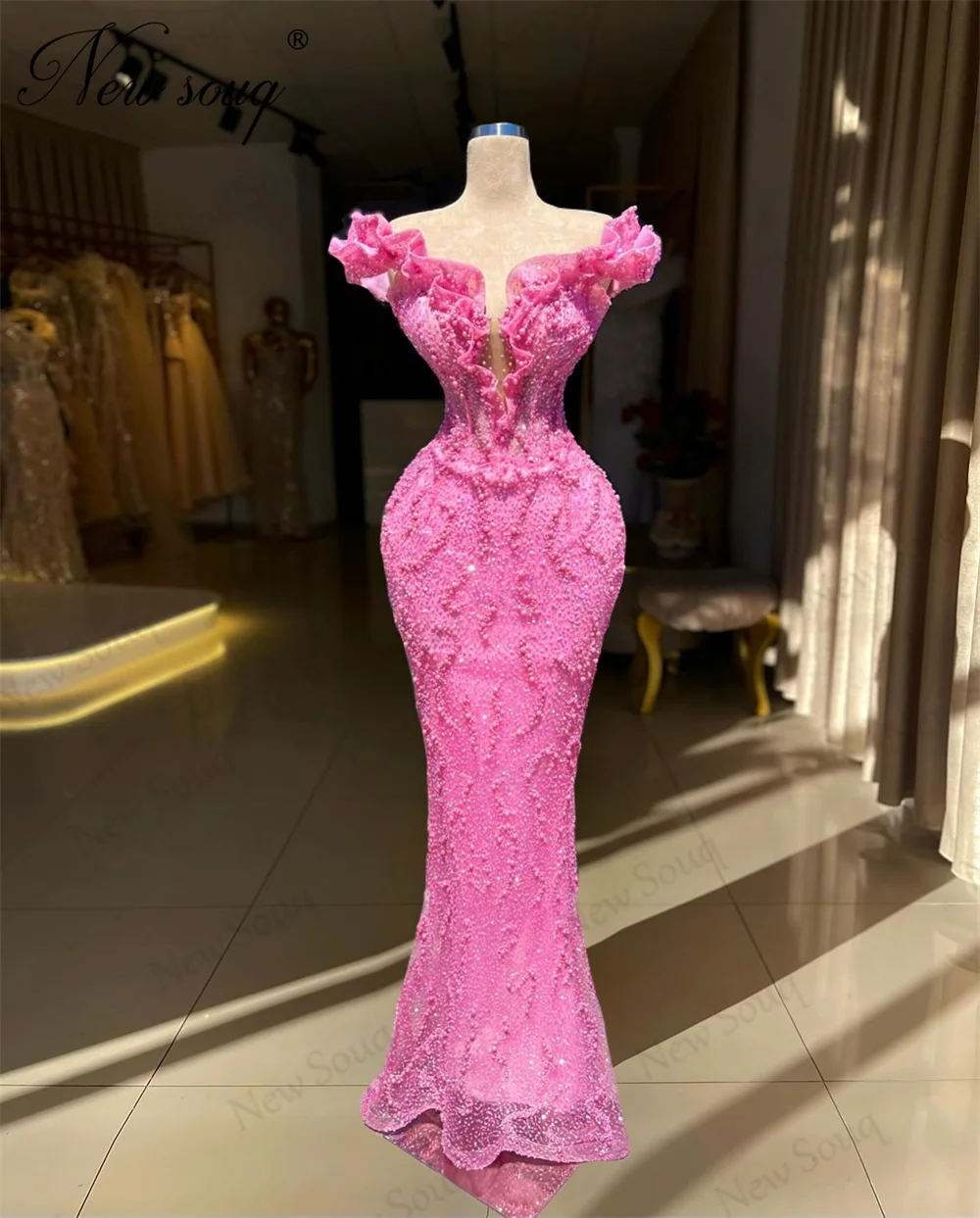 

Dubai Fuchsia Mermaid Evening Dresses 2024 Off Shoulder Pearls Sequins Pageant Gowns Robes De Soiree Arabic Beaded Party Dresses