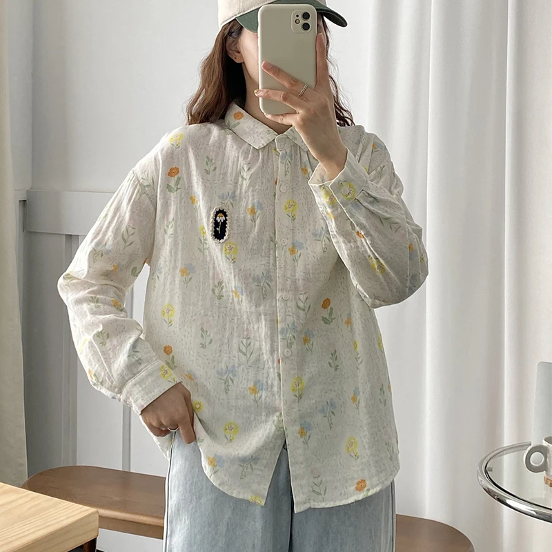 Double-layer Cotton Yarn Floral Printed Tops Women Clothes Long-sleeved New Turn Down Collar Slimming Shirts & Blouses U002