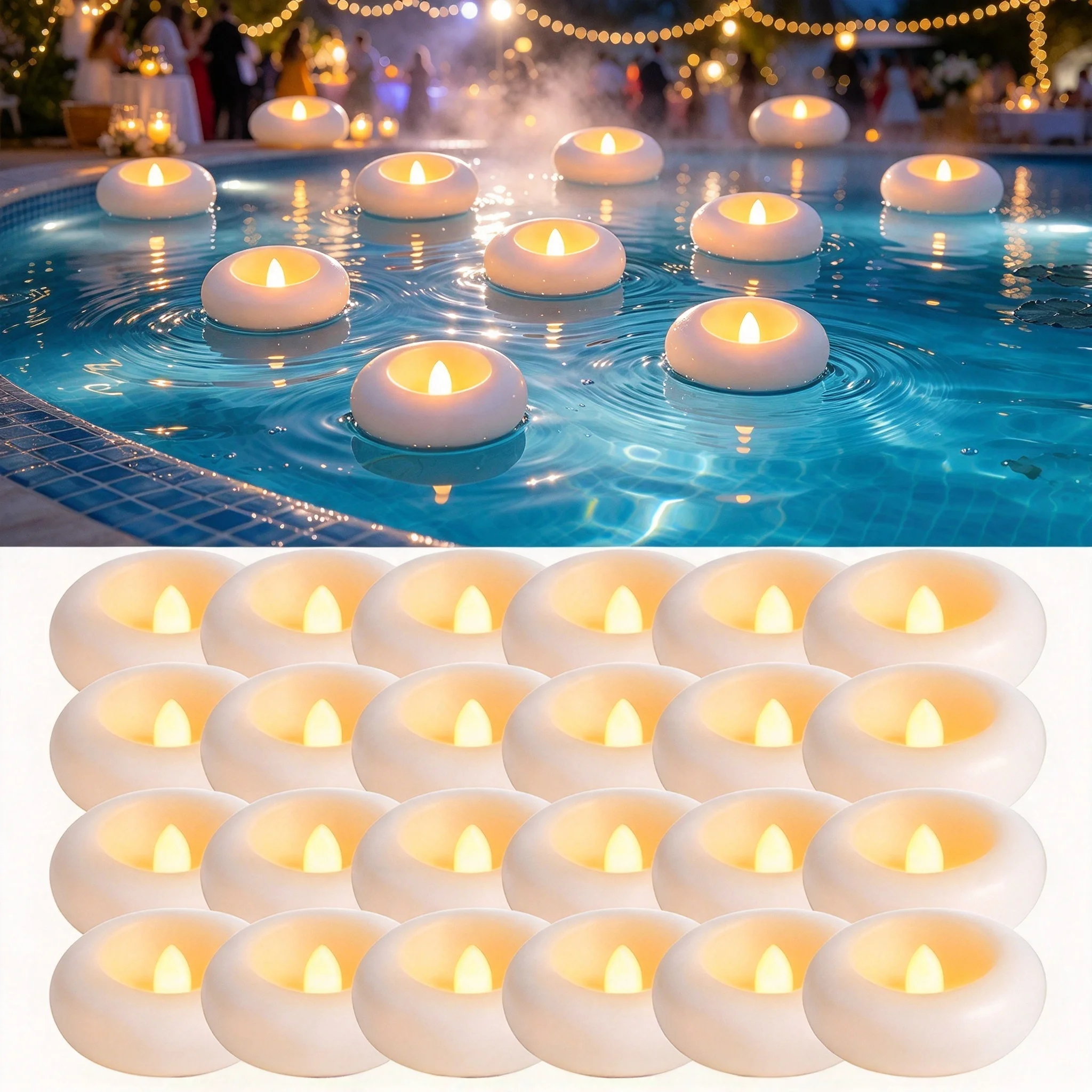 12/24 pack Waterproof Flameless Floating Candles Battery Operated LED Tea Lights Water-Activated Flickering For Party Pool Decor