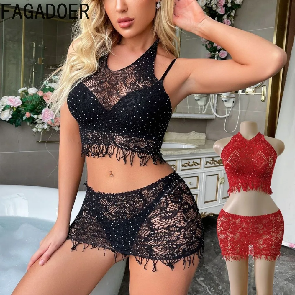 

FAGADOER Sexy Lace Perspective Rhinestone Two Piece Sets Women Sleeveless Slim Crop Top+Shorts Outfits Female Nightclub Clothing