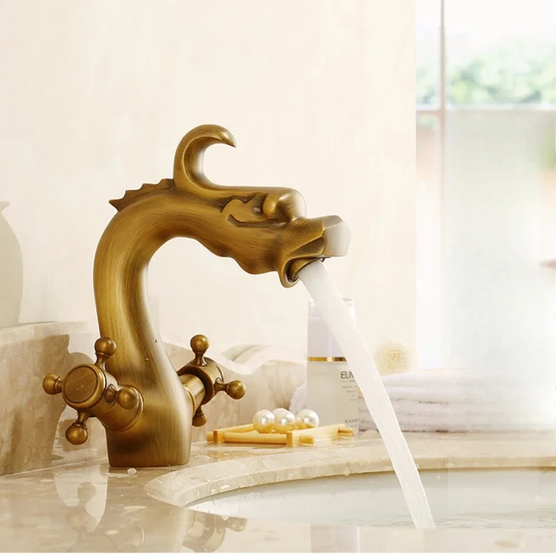 Copper Dual-Handle Faucet Splash-Proof Washbasin Tap European-Style Basin Mixer Dragon-Shaped Hot Cold Water Control