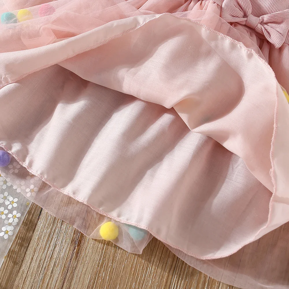 Summer Bow and Mesh Patchwork Girl\'S Dress Colorful Small Ball Korean Version Small Flying Sleeve Princess Dress for Kids Girl