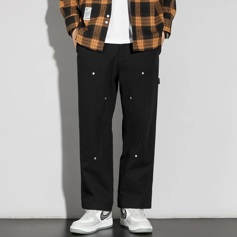 Men's Spring Autumn Solid Pocket Elastic Rivet High Waisted Wide Leg Straight Leg Fashion Sports Vintage Office Lady Pants