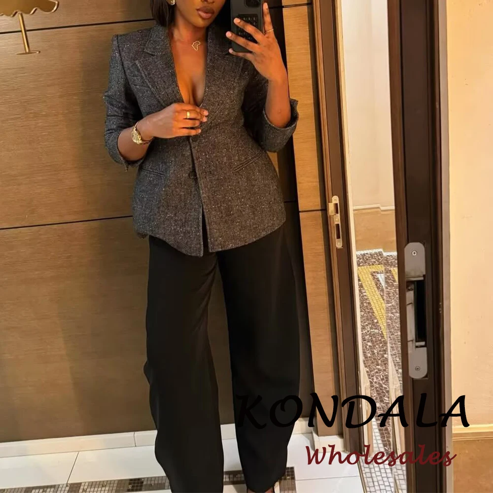 KONDALA Chic 2026 Spring Women Solid Grey Office Lady Suit Single Breasted Blazer+Zipper Pockets Straight Long Pants Female Sets