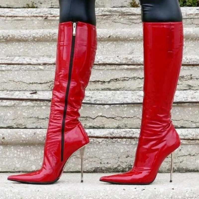 

Silver Stiletto High Heels Knee High Boots Pointed Toe Red Shinny Patent Leather Zipper sky High Heels Winter Long Boots Size45