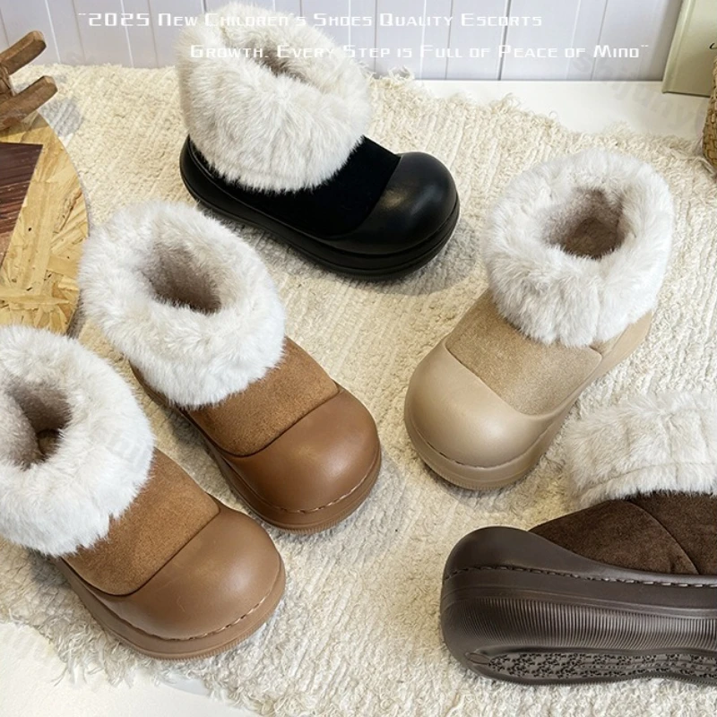 

Детские зимние ботинки, зимние нескользящие модные короткие ботинки на мягкой подошве для девочек на платформе, утепленная плюшевая удобная теплая хлопковая обувь для мальчиков