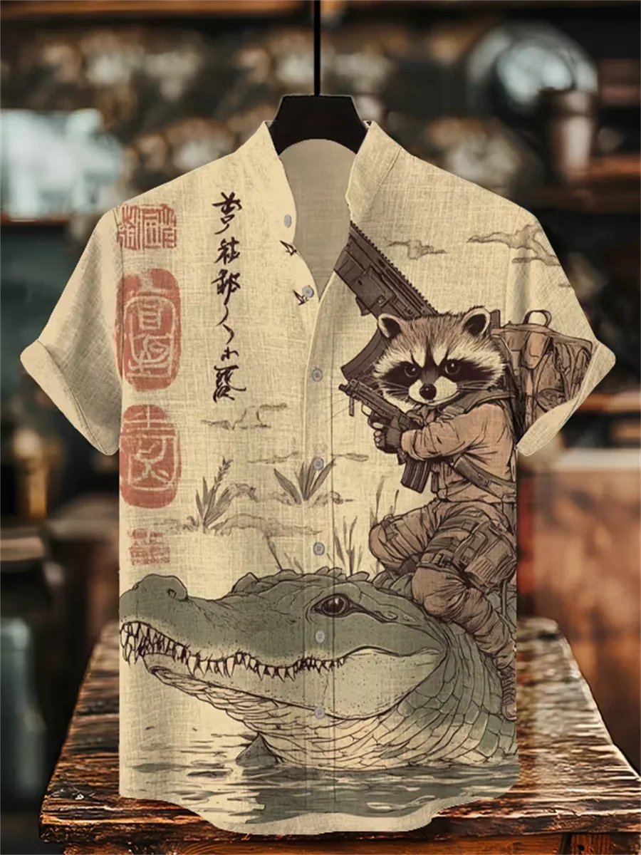 Men's short sleeved linen shirt, stand up collar, button design, digital printing, casual and comfortable, fashionable dressing