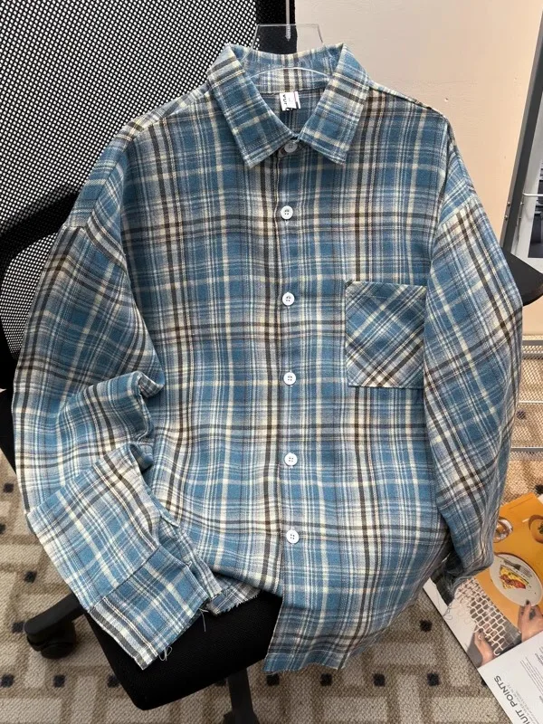 

Мужская рубашка в американском ретро-стиле в клетку, свободного кроя, с длинным рукавом, модная, весенне-осенняя, с высоким воротником, на пуговицах, повседневная, в полоску, для подростков