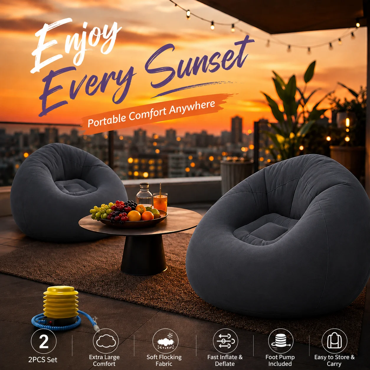 2-Piece Fleece-Lined Inflatable Bean Bag Chairs—Comfortable for Long Sessions Without Losing Shape, Includes an Air Pump, Quick Inflation and Deflation, Easy to Store and Space-Saving, Multifunctional Lounge Chairs for the Living Room, Balcony, and Outdoo