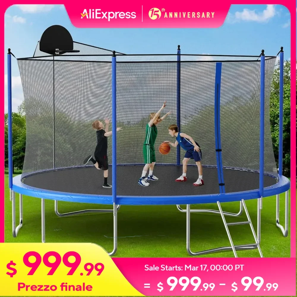 14ft Trampoline Outdoor, Large Heavy Duty Round Trampoline with Basketball Hoop, Enclosure Net for Backyard