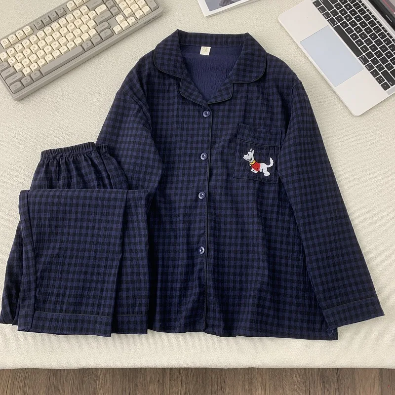 

Embroidery Dog Pajama Woman Fall Winter Plaid Lounge Set for Women Long Sleeve Top and Pants Comfort Big Size Home Wear