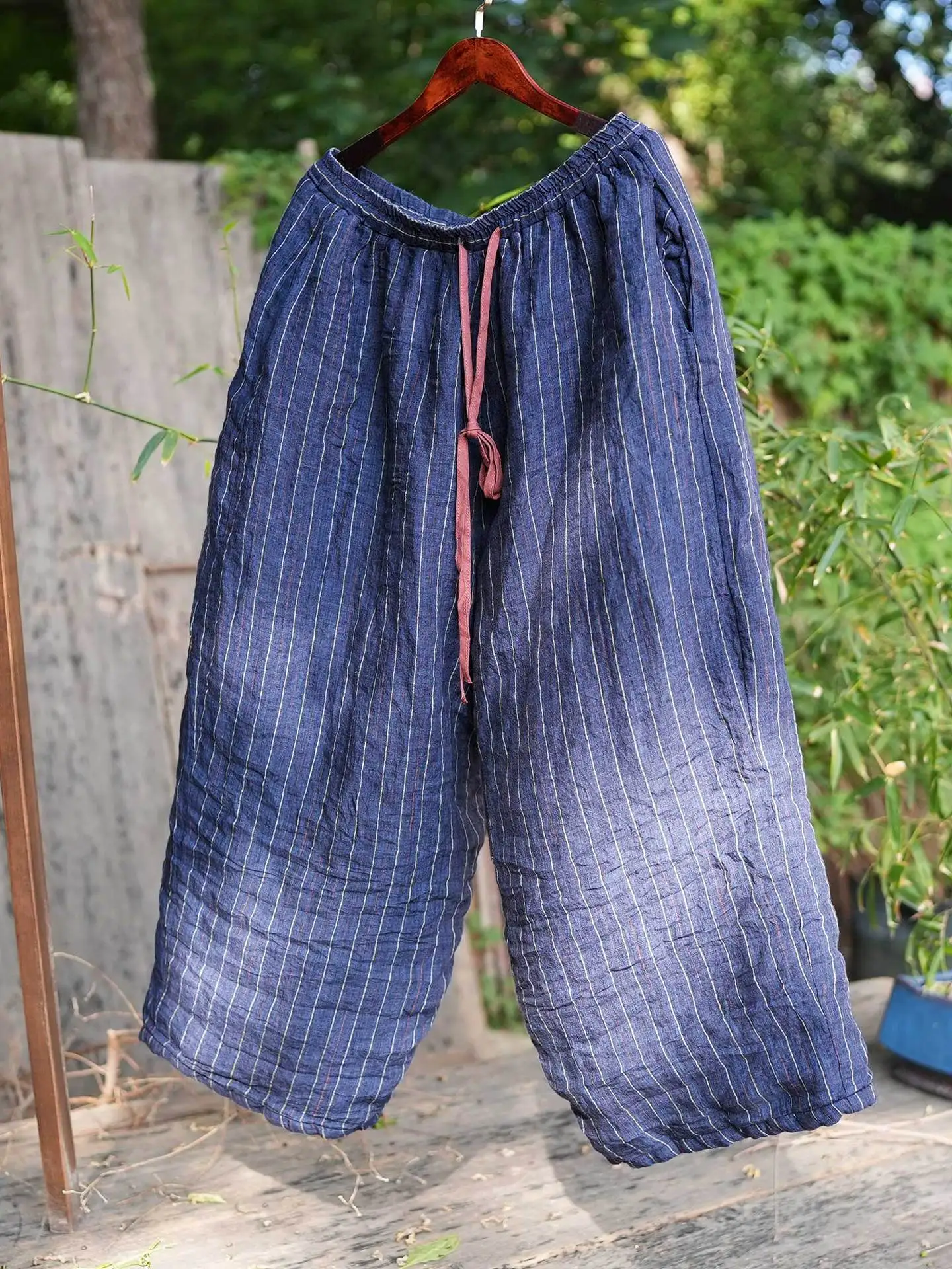 

Winter Warm Linen Cotton Straight Leg Pants Loose Fit Comfortable Elastic Waist Casual Long Trousers for Women
