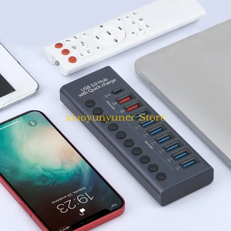 P9JB Hub 10-Port 9x USB + Pemisah Hub Tipe C dengan Sakelar & Adaptor Daya 12V5A 60W