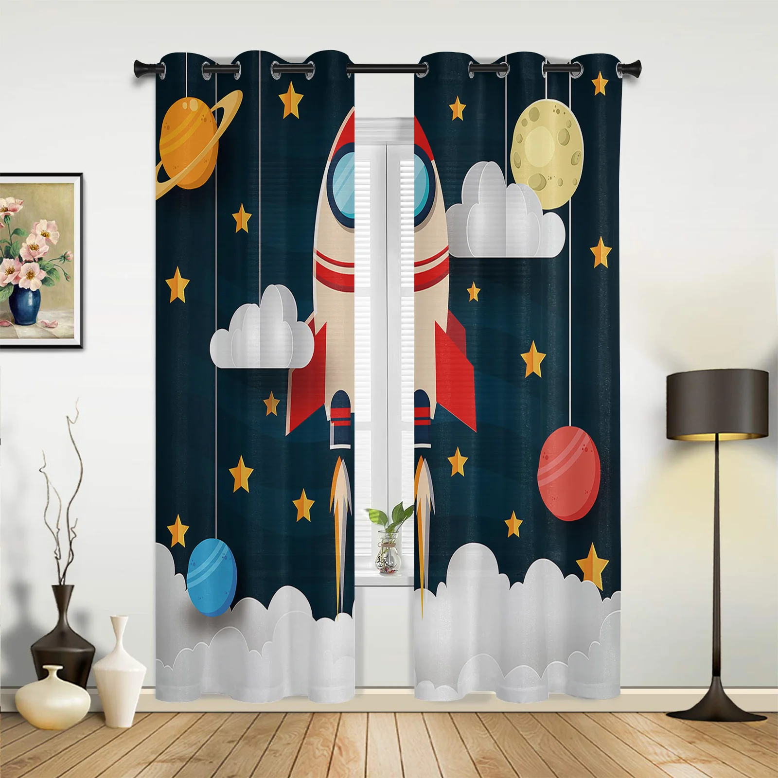 

Outer Space Cartoon Cute Spaceship Rocket Curtains for Bedroom Living Room Drapes Kitchen Kid's Room Window Curtain Home Decor