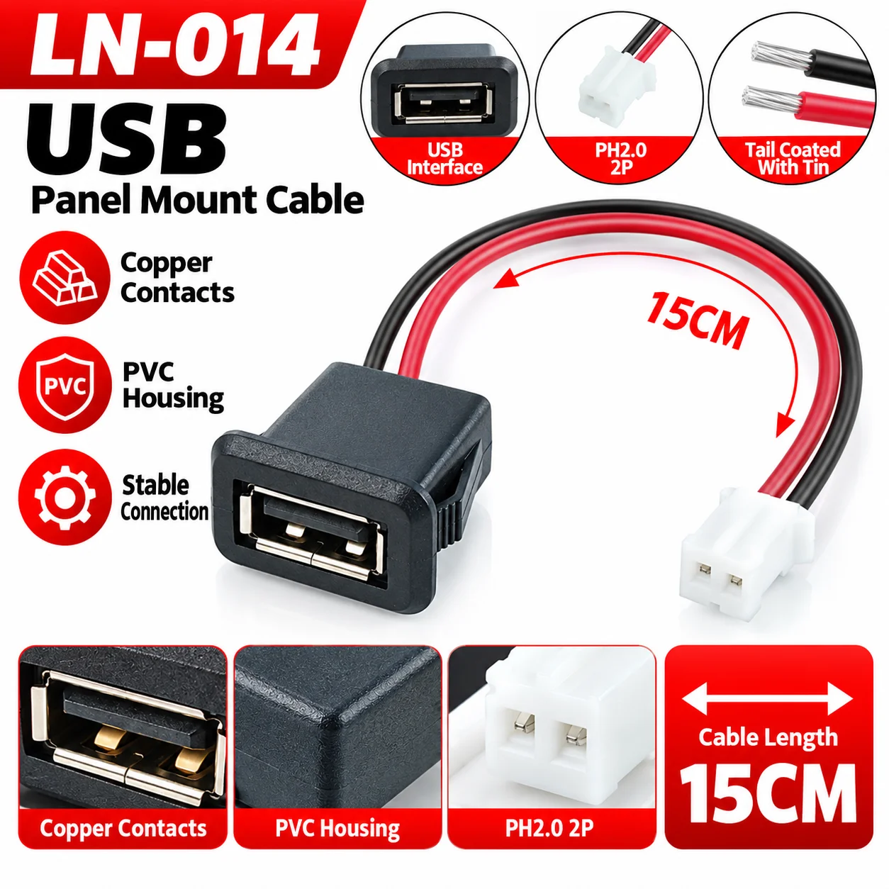 2Pin USB A Panel Mount Jack 3 Colors Snap-in USB 2.0 Female Socket PH2.0 Terminal Tinned Wire DIY Charging Port Connector