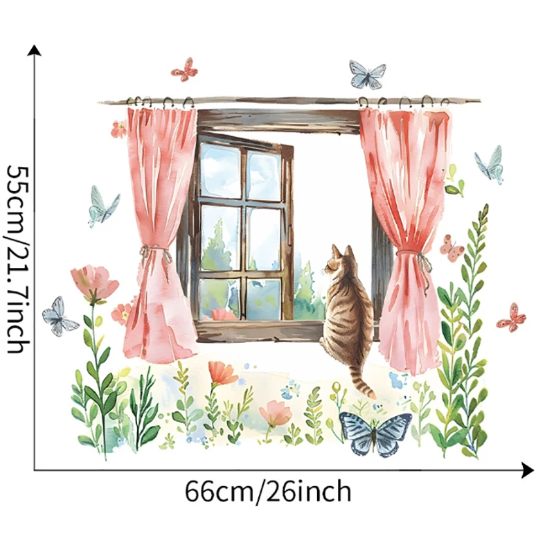 Spring Window Cat Flower Butterfly Children's Room Bedroom Living Room Porch Home Beautification Wall Sticker