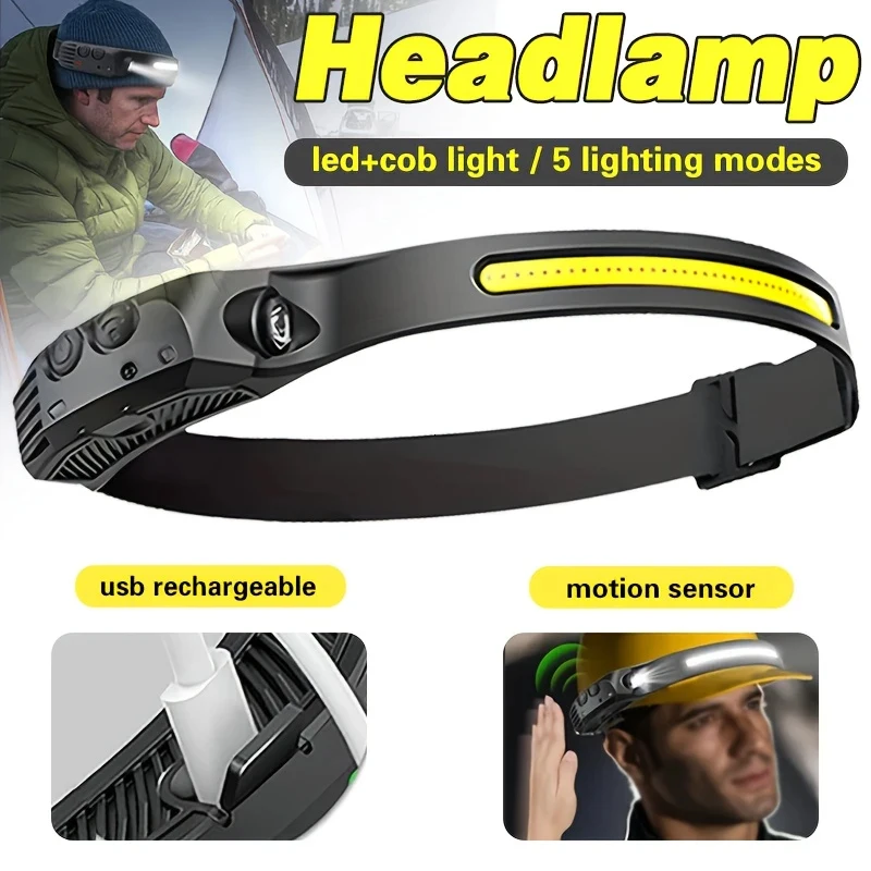 Linterna frontal con Sensor LED, batería integrada, recargable por USB, linterna frontal COB, linterna frontal LED, luz de búsqueda para pesca y acampada
