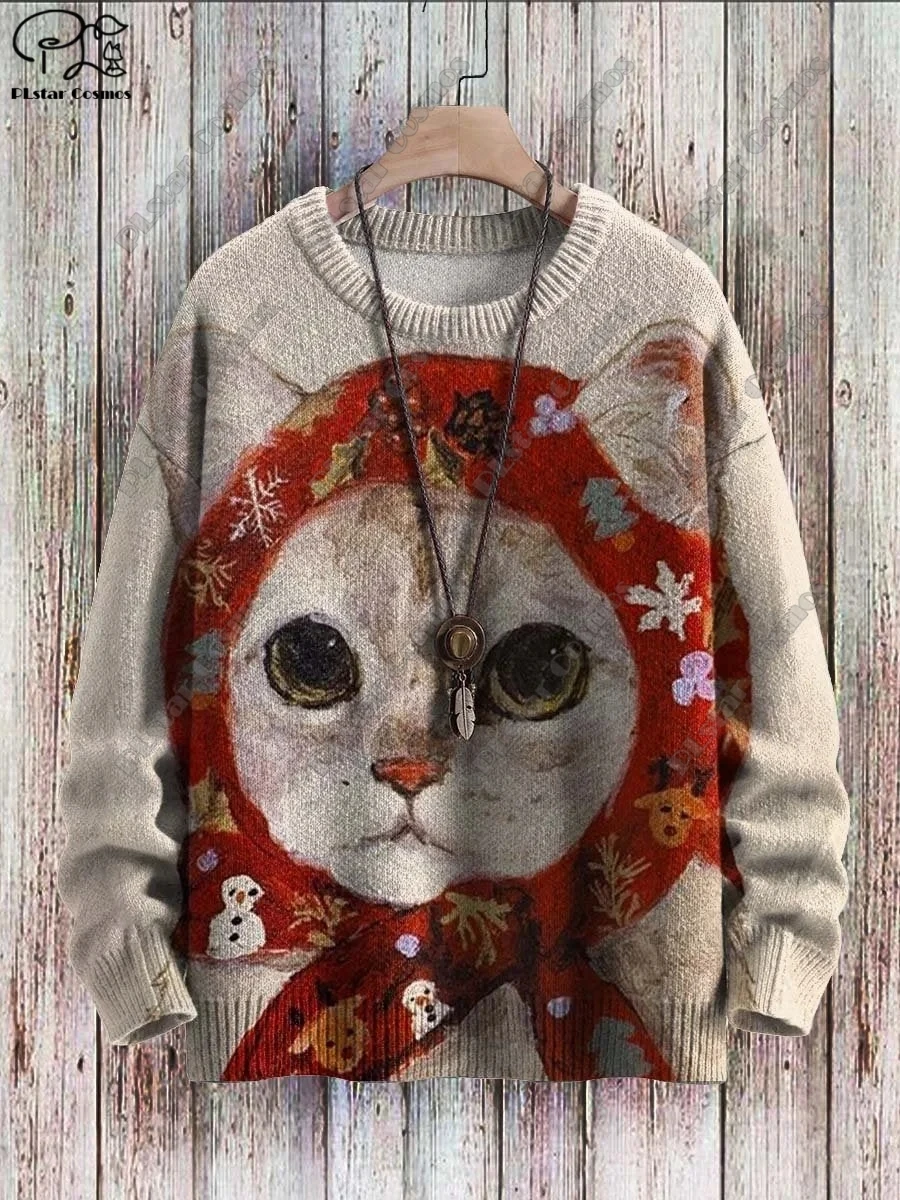 3D Printed Animal Series Retro Cute Cat Patterned Ugly Sweater Casual Unisex Winter Sweatshirt M-3