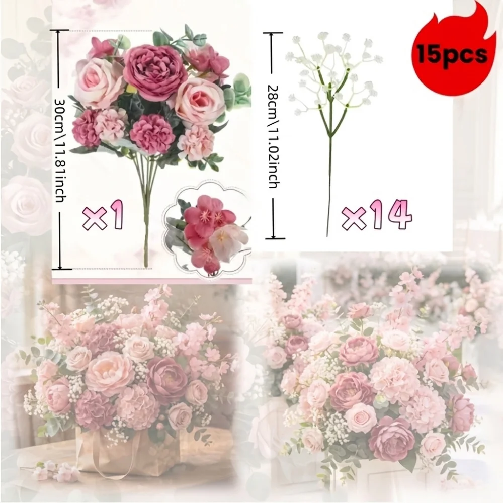 15Pcs Realistic Peony Baby Breath Artificial Flowers Lifelike No Wilting Peony Bouquet with Baby Breath Real Touch Handmade
